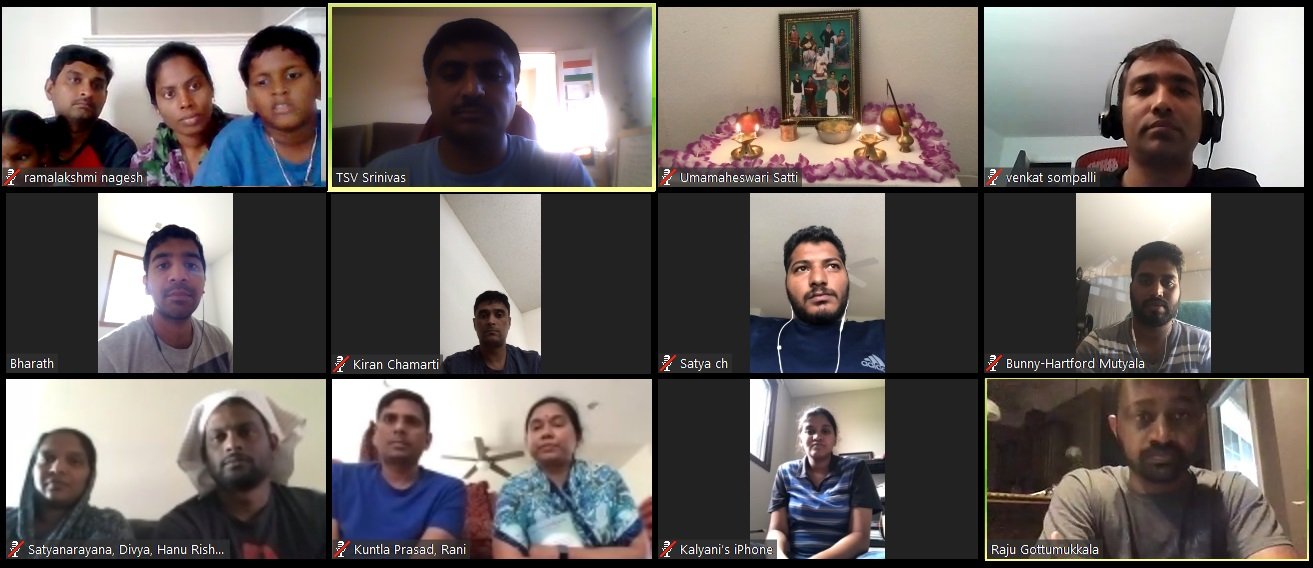 13 జులై 2019 2019 శనివారం నాడు అమెరికా లో జులై నెల ఆరాధనా కార్యక్రమము అంతర్జాలం లో సత్తి ఉమామహేశ్వరి గారి ఇంటిలో నిర్వహించబడినది. అమెరికా లోని సభ్యులు పాల్గొన్నారు.