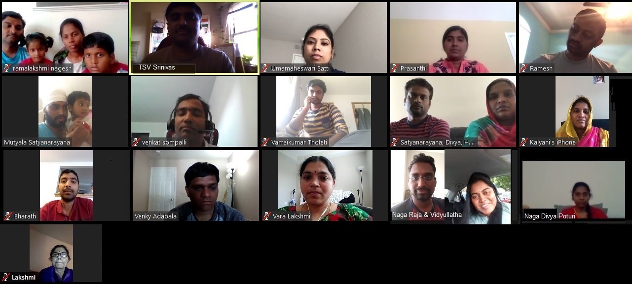 3 ఆగష్టు 2019 2019 శనివారం నాడు అమెరికాలో ఆగష్టు నెల ఆరాధనా కార్యక్రమము అంతర్జాలం లో ముత్యాల సత్యనారాయణ గారి ఇంటిలో నిర్వహించబడినది. అమెరికాలోని సభ్యులు పాల్గొన్నారు.